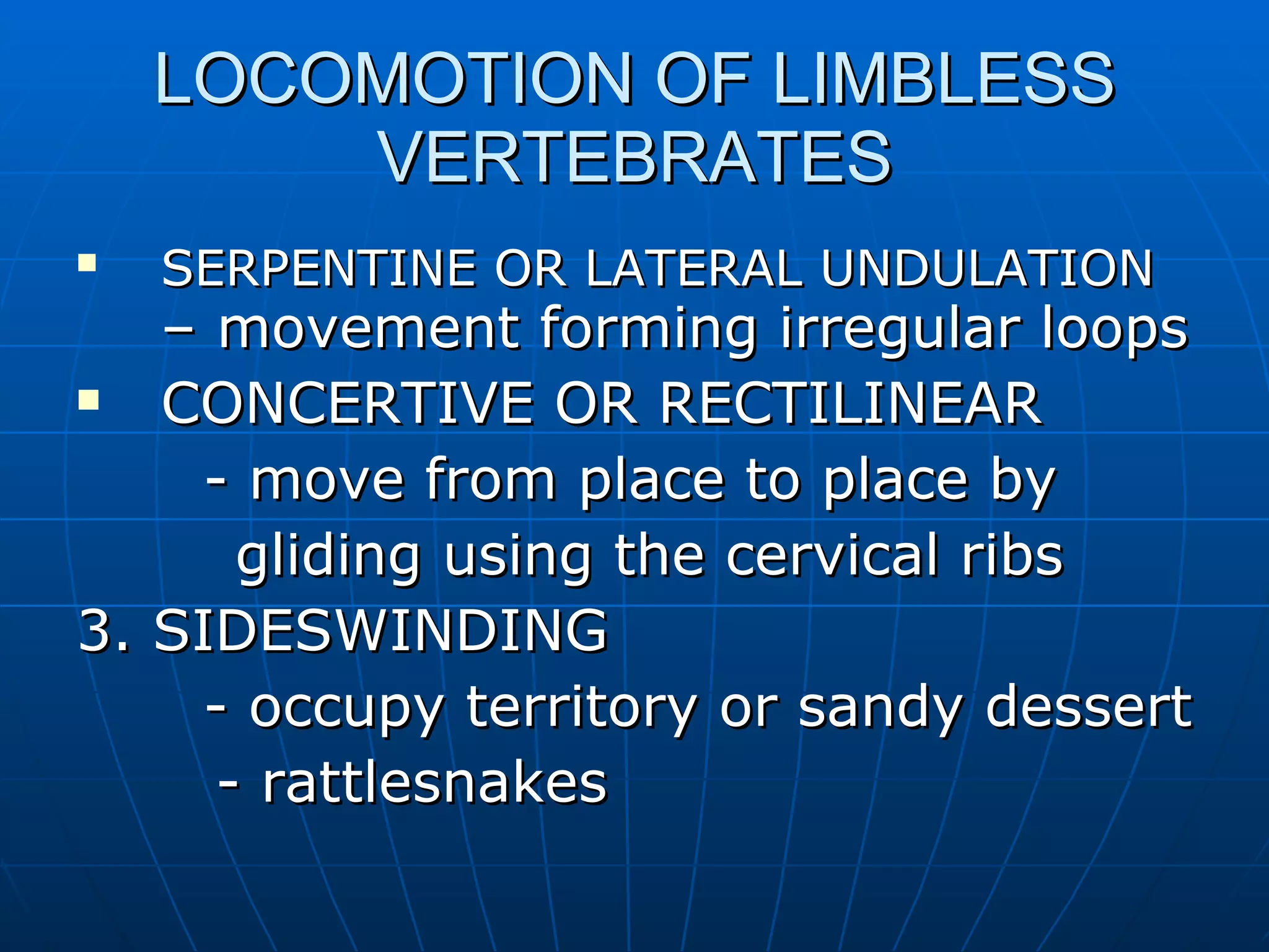 LOCOMOTION OF LIMBLESS VERTEBRATES SERPENTINE OR LATERAL UNDULATION  – movement forming irregular loops CONCERTIVE OR RECTILINEAR - move from place to place by  gliding using the cervical ribs 3. SIDESWINDING - occupy territory or sandy dessert - rattlesnakes 