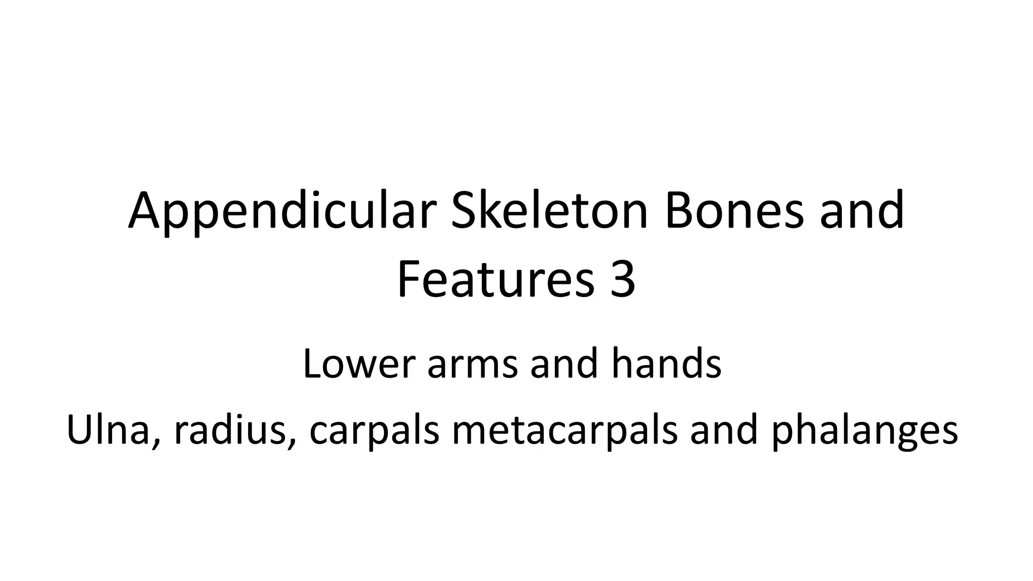Appendicular Skeleton Bones and
Features 3
Lower arms and hands
Ulna, radius, carpals metacarpals and phalanges