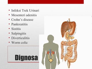 Dignosa Perbezaan
• Infeksi Trek Urinari
• Mesenteri adenitis
• Crohn’s disease
• Pankreatitis
• Sistitis
• Salpingitis
• Diverticulitis
• Worm colic
 