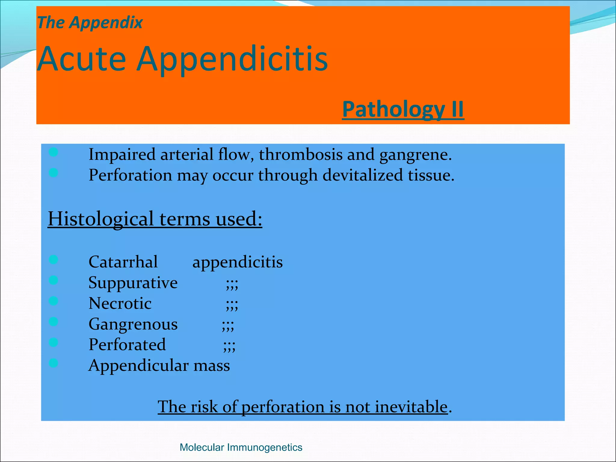The Appendix
Acute Appendicitis
Pathology II
 Impaired arterial flow, thrombosis and gangrene.
 Perforation may occur through devitalized tissue.
Histological terms used:
 Catarrhal appendicitis
 Suppurative ;;;
 Necrotic ;;;
 Gangrenous ;;;
 Perforated ;;;
 Appendicular mass
The risk of perforation is not inevitable.
Molecular Immunogenetics
 