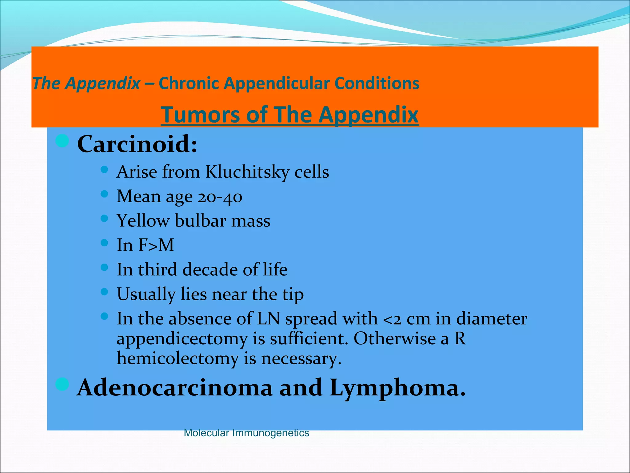 The Appendix – Chronic Appendicular Conditions
Tumors of The Appendix
Carcinoid:
 Arise from Kluchitsky cells
 Mean age 20-40
 Yellow bulbar mass
 In F>M
 In third decade of life
 Usually lies near the tip
 In the absence of LN spread with <2 cm in diameter
appendicectomy is sufficient. Otherwise a R
hemicolectomy is necessary.
Adenocarcinoma and Lymphoma.
Molecular Immunogenetics
 
