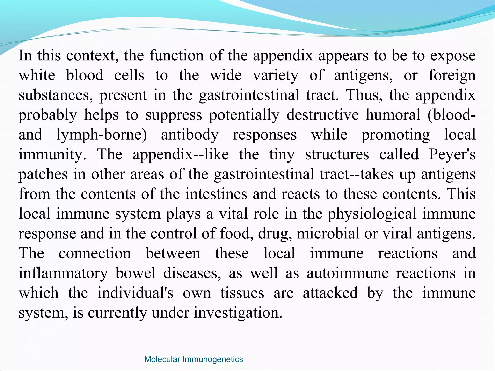 Molecular Immunogenetics
In this context, the function of the appendix appears to be to expose
white blood cells to the wide variety of antigens, or foreign
substances, present in the gastrointestinal tract. Thus, the appendix
probably helps to suppress potentially destructive humoral (blood-
and lymph-borne) antibody responses while promoting local
immunity. The appendix--like the tiny structures called Peyer's
patches in other areas of the gastrointestinal tract--takes up antigens
from the contents of the intestines and reacts to these contents. This
local immune system plays a vital role in the physiological immune
response and in the control of food, drug, microbial or viral antigens.
The connection between these local immune reactions and
inflammatory bowel diseases, as well as autoimmune reactions in
which the individual's own tissues are attacked by the immune
system, is currently under investigation.
 