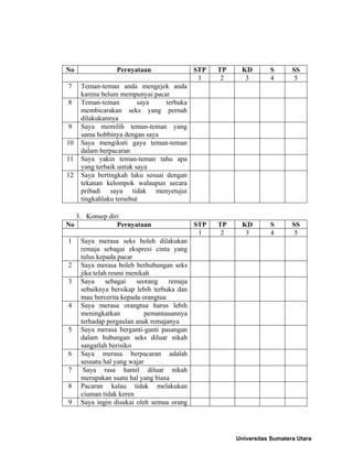 No Pernyataan STP TP KD S SS
1 2 3 4 5
7 Teman-teman anda mengejek anda
karena belum mempunyai pacar
8 Teman-teman saya terbuka
membicarakan seks yang pernah
dilakukannya
9 Saya memilih teman-teman yang
sama hobbinya dengan saya
10 Saya mengikuti gaya teman-teman
dalam berpacaran
11 Saya yakin teman-teman tahu apa
yang terbaik untuk saya
12 Saya bertingkah laku sesuai dengan
tekanan kelompok walaupun secara
pribadi saya tidak menyetujui
tingkahlaku tersebut
3. Konsep diri
No Pernyataan STP TP KD S SS
1 2 3 4 5
1 Saya merasa seks boleh dilakukan
remaja sebagai ekspresi cinta yang
tulus kepada pacar
2 Saya merasa boleh berhubungan seks
jika telah resmi menikah
3 Saya sebagai seorang remaja
sebaiknya bersikap lebih terbuka dan
mau bercerita kepada orangtua
4 Saya merasa orangtua harus lebih
meningkatkan pemantauannya
terhadap pergaulan anak remajanya
5 Saya merasa berganti-ganti pasangan
dalam hubungan seks diluar nikah
sangatlah berisiko
6 Saya merasa berpacaran adalah
sesuatu hal yang wajar
7 Saya rasa hamil diluar nikah
merupakan suatu hal yang biasa
8 Pacaran kalau tidak melakukan
ciuman tidak keren
9 Saya ingin disukai oleh semua orang
Universitas Sumatera Utara
 
