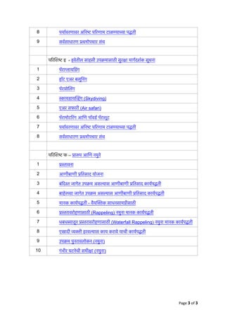 8 प
र्या
वरणावर अ
नि
ष्ट
प
रि
णाम टाळ
ण्या
च्या
प
द्ध
ती
9 स
र्व
साधारण
प्र
थमोपचार संच
प
रि
शि
ष्ट
इ - हवेतील साहसी उप
क्र
मासाठी सुर
क्षा
मा
र्ग
द
र्श
क सूचना
1 पॅरा
ग्ला
य
डिं
ग
2 हॉट एअर बलू
निं
ग
3 पॅरासे
लिं
ग
4
स्का
यडाय
व्हिं
ग (Skydiving)
5 एअर सफारी (Air safari)
6 पॅरामोट
रिं
ग आ
णि
पॉव
र्ड
पॅराशूट
7 प
र्या
वरणावर अ
नि
ष्ट
प
रि
णाम टाळ
ण्या
च्या
प
द्ध
ती
8 स
र्व
साधारण
प्र
थमोपचार संच
प
रि
शि
ष्ट
फ –
प्रा
रू
प आ
णि
नमुने
1
प्र
स्ता
वना
2 आणीबाणी
प्र
ति
साद योजना
3 बं
दि
स्त
जागेत उप
क्र
म अस
ल्या
स आणीबाणी
प्र
ति
साद का
र्य
प
द्ध
ती
4 बा
हे
र
च्या
जागेत उप
क्र
म अस
ल्या
स आणीबाणी
प्र
ति
साद का
र्य
प
द्ध
ती
5 मानक का
र्य
प
द्ध
ती - वैय
क्ति
क साधनसाम
ग्री
साठी
6
प्र
स्त
रावरोहणासाठी (Rappeling) नमुना मानक का
र्य
प
द्ध
ती
7 धबध
ब्या
तून
प्र
स्त
रावरोहणासाठी (Waterfall Rappeling) नमुना मानक का
र्य
प
द्ध
ती
8 एखादी
व्य
क्ती
हरव
ल्या
स काय करावे याची का
र्य
प
द्ध
ती
9 उप
क्र
म पुनरावलोकन (नमुना)
10 गंभीर घटनेची समी
क्षा
(नमुना)
Page of
3 3
 