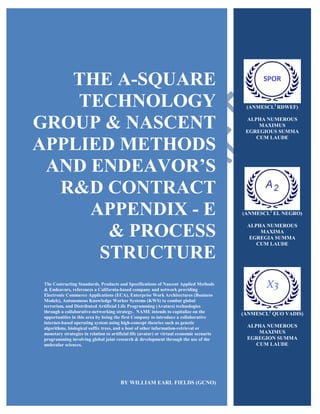 THE A-SQUARE
TECHNOLOGY
GROUP & NASCENT
APPLIED METHODS
AND ENDEAVOR’S
R&D CONTRACT
APPENDIX - E
& PROCESS
STRUCTURE
The Contracting Standards, Products and Specifications of Nascent Applied Methods
& Endeavors, references a California-based company and network providing
Electronic Commerce Applications (ECA), Enterprise Work Architectures (Business
Models), Autonomous Knowledge Worker Systems (KWS) to combat global
terrorism, and Distributed Artificial Life Programming (Avatars) technologies
through a collaborative-networking strategy. NAME intends to capitalize on the
opportunities in this area by being the first Company to introduce a collaborative
internet-based operating system using high-concept theories such as genetic
algorithms, biological suffix trees, and a host of other information-retrieval or
monetary strategies in relation to artificial life (avatar) or virtual economic scenario
programming involving global joint research & development through the use of the
molecular sciences.
BY WILLIAM EARL FIELDS (GCNO)
(ANMESCL2
RDWEF)
ALPHA NUMEROUS
MAXIMUS
EGREGIOUS SUMMA
CUM LAUDE
(ANMESCL2
EL NEGRO)
ALPHA NUMEROUS
MAXIMA
EGREGIA SUMMA
CUM LAUDE
(ANMESCL2
QUO VADIS)
ALPHA NUMEROUS
MAXIMUS
EGREGION SUMMA
CUM LAUDE
 