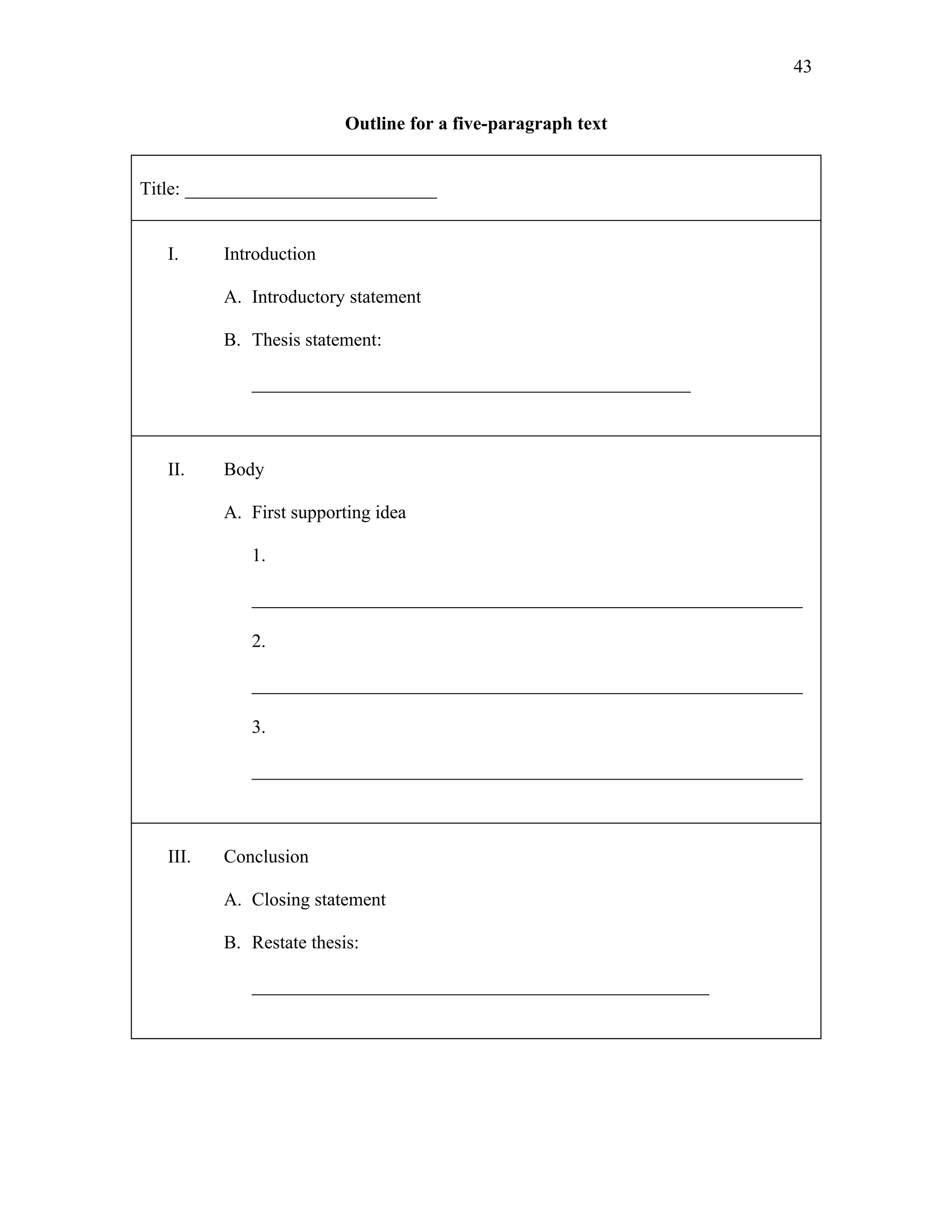 43


                          Outline for a five-paragraph text


Title: ___________________________


   I.     Introduction

          A. Introductory statement

          B. Thesis statement:

             _______________________________________________



   II.    Body

          A. First supporting idea

             1.

             ___________________________________________________________

             2.

             ___________________________________________________________

             3.

             ___________________________________________________________



   III.   Conclusion

          A. Closing statement

          B. Restate thesis:

             _________________________________________________
 