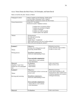 54



School: Notre-Dame-des-Bois-Francs, St-Christophe, and Saint-David

Dates covered by this plan: January to March

Pedagogical context            Subject: English second language, regular group
                               Cycle & Grade: Elementary cycle 3, grade 6
                               School Board: Commission scolaire des Bois-Francs
Group characteristics.         Group 610: 26 students
                               Homeroom teacher: Stéphane Lemieux

                                         2 students have an attention deficit
                                         5 students are enriched in English
                                         1 student is bilingual
                                         6 students are weak in English
                                         1 student speaks only Spanish

Themes                         - Writing process
                               - Revising and correcting
                               - Narrative Text
                               - Simple future + Conditional
                               - What would you do if you won 9 million dollars?
                               - What will you do during the summer?

Lesson 1                        Objective:                                Methods & activities:
                                Introduce the writing process and         Lecture about the steps to follow
Theme:                          layout they should follow.                in order to write a text.

Writing process                 Disciplinary competencies:
                                -Reinvests understanding of texts


                                Cross-curricular competencies:
                                - Adopt effective work methods
                                - Uses information
Material:                       Evaluation:                               Link to next lesson:
Checklist: I write Texts        - Observations                            Steps to write a text.
Outline for a five-paragraph    - Read Outline
text
Lesson 2                        Objective:                                Methods & activities:
                                Give techniques on how to revise and      Lecture about strategies to edit
Theme:                          correct a text.                           and proofread. Show students how
                                                                          to find the translation of a word in
Revising and correcting         Disciplinary competencies:                a bilingual dictionary.
                                -Reinvests understanding of texts


                                Cross-curricular competencies:
                                - Adopt effective work methods
                                - Uses information



Material:                       Evaluation:                               Link to next lesson:
 