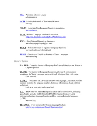 ACL – American Classics League
            aclclassics.org

      ACTR – American Council of Teachers of Russian
           actr.org

      ASLTA – American Sign Language Teachers Association
           www.aslta.org

      CLTA – Chinese Language Teachers Association
           Http://clta.deall.ohio-state.edu/CLTAlinks/links.htm

      JNCL—Joint National Council on Languages
          www.languagepolicy.org/jncl.html

      NCJLT—National Council of Japanese Language Teachers
           www.colorado.edu/ealld/atj/ncjlt

      TESOL – Teachers of English to Students of Other Languages
          www.tesol.org

Resource Centers

      CALPER – Center for Advanced Language Proficiency Education and Research
          Calper.la.psu.edu

      CLEAR – The Center for Language Education & Research hosts summer
      workshops for World Language teachers through Michigan State University.
            clear.msu.edu

      CARLA – The Center for Advanced Research on Language Acquisition provides
      summer institutes for language teachers. For more information, check out their
      website at
             carla.acad.umn.edu/conferences.html

      CAL – The Center for Applied Linguistics offers a host of resources, including
      guidebooks, tests, the SOPI (Simulated Oral Proficiency Interview), and
      information heritage language learning and less commonly taught languages
      (LCTL).
             www.cal.org

      FLTEACH – www resources for foreign language teachers
           http://www.cortland.edu/flteach/flteach-res.html
 