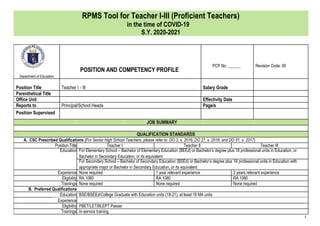 1
RPMS Tool for Teacher I-III (Proficient Teachers)
in the time of COVID-19
S.Y. 2020-2021
POSITION AND COMPETENCY PROFILE
PCP No. ______ Revision Code: 00
Department of Education
Position Title Teacher I - III Salary Grade
Parenthetical Title
Office Unit Effectivity Date
Reports to Principal/School Heads Page/s
Position Supervised
JOB SUMMARY
QUALIFICATION STANDARDS
A. CSC Prescribed Qualifications (For Senior High School Teachers, please refer to: DO 3, s. 2016; DO 27, s. 2016; and DO 51, s. 2017)
Position Title Teacher I Teacher II Teacher III
Education For Elementary School – Bachelor of Elementary Education (BEEd) or Bachelor’s degree plus 18 professional units in Education, or
Bachelor in Secondary Education, or its equivalent
For Secondary School – Bachelor of Secondary Education (BSEd) or Bachelor’s degree plus 18 professional units in Education with
appropriate major or Bachelor in Secondary Education, or its equivalent
Experience None required 1 year relevant experience 2 years relevant experience
Eligibility RA 1080 RA 1080 RA 1080
Trainings None required None required None required
B. Preferred Qualifications
Education BSE/BSEEd/College Graduate with Education units (18-21), at least 18 MA units
Experience
Eligibility PBET/LET/BLEPT Passer
Trainings In-service training
 