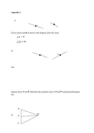 Appendix 2



     1)
                                                    b
                                  a



Given vector a and b as shown in the diagram, draw the vector

          a)

          b)



2)
                                          a                  b




The




diagram shows      and . Determine the resultant vector of   and   using the parallelogram
law.




           a   R

                                      Q
3)
                                  a




           a   S



           P
 