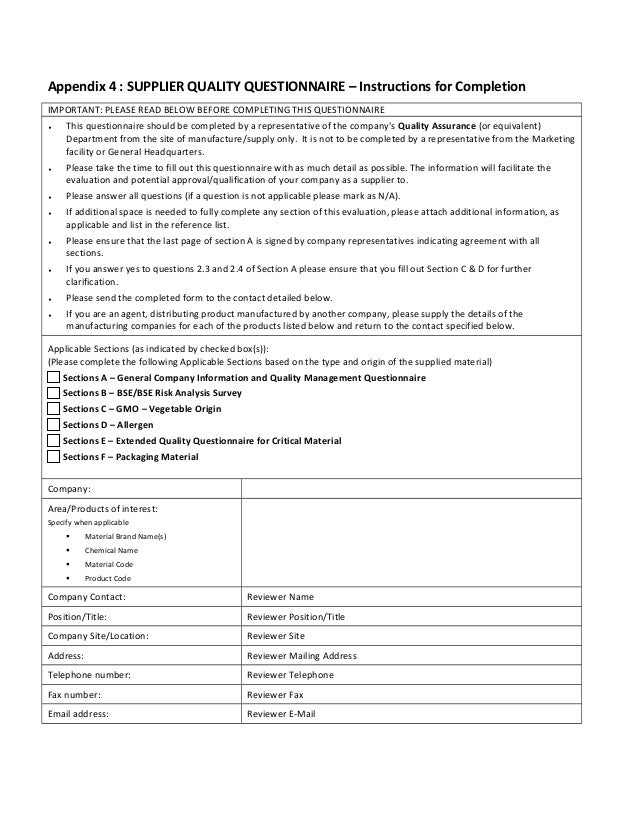 appendix 4 supplier quality questionnaire quality survey