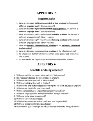 APPENDIX 5
Suggested topics
1. What are the most highly recommended writing practices for learners at
different language levels? (library research)
2. What are the most highly recommended reading practices for learners at
different language levels? (library research)
3. What are the most highly recommended speaking practices for learners at
different language levels? (library research)
4. What are the most highly recommended listening practices for learners at
different language levels? (library research)
5. What are the most common writing practices of the freshman/ sophomore
English majors?
6. What are the most common writing practices of the effective writers?
7. To what extent do the freshmen know their career paths? (Job orientation
and students)
8. To what extent are English-majored freshmen independent learners?
APPENDIX 6
Benefits of doing research
1. Will you read the necessary information in Vietnamese?
2. Itis necessary to read the information in English?
3. Will you read & write much in Vietnamese?
4. Will you read & write much in English?
5. Will you find and watch videos concerning the research issue(s) in English?
6. Will you use English for real purposes?
7. Will you practically useEnglish for real communication?
8. Will your languageskills be improved after doing a research?
9. Will your knowledgebe widened?
10.Will your softskills developed?
11.Will you become more active, confident, and responsible?
12.Will your critical thinking be developed?
13.Do you think you can shapeyour future career thanks to doing research?
 