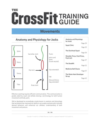 Movements

      Anatomy and Physiology for Jocks                                                                      Anatomy and Physiology
                                                                                                            for Jocks
                                                                                                                                 Page 29
                                                                                                            Squat Clinic
                                                                                                                                 Page 32

       Spine                                                                                                The Overhead Squat
                                                                                                                                   Page 39
                         Sacroiliac Joint                              Trunk:
                                                                                                            Shoulder Press, Push Press,
                                                                       pelvis and                           Push Jerk
                                                                       spine                                                       Page 47
                                                                       (trunk neutral)
       Pelvis
                                                                                                            The Deadlift
                                                                                                                                   Page 52

                                                                       (hip extended)                       Medicine Ball Cleans
                          Hip Joint                                                                                                Page 57
       Femur
                                                                                                            The Glute-Ham Developer
                                                                       Leg:                                 Sit-up
                                                                                                                                Page 63
                                                                       tibia and femur
                                                                       (leg extended)
       Tibia                    Knee Joint




Effective coaching requires efficient communication. This communication is
greatly aided by coach and athlete sharing a terminology for both human
movement and body parts.

We’ve developed an exceedingly simple lesson in anatomy and physiology
that we believe has improved our ability to accurately and precisely motivate
desired behaviors and enhanced our athletes’ understanding of both
movement and posture.


                                                                    29 of 115


                       Copyright © CrossFit, Inc. All Rights Reserved. CrossFit is a registered trademark ‰ of CrossFit, Inc.
 