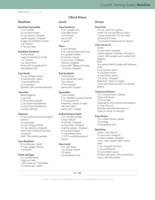 CrossFit Training Guide | Nutrition
Meal Plans... (continued)

                                                             3 Block Menus
Breakfast                                       Lunch                                               Dinner
Breakfast Quesadilla                            Tuna Sandwich                                       Fresh Fish
  1 corn tortilla                                 3 oz. canned tuna                                   4 K oz. fresh fish, grilled
  N cup black beans                               3 tsp light mayo                                    Saute 1 L cup zucchini in herbs
  L cup onions, chopped                           1 slice bread                                       1 Large salad with 1 K Tbs salad
  1 green pepper, chopped                         Serve with:                                         dressing of choice
  2 eggs (scrambled or fried)                     K apple                                             1 cup fresh strawberries for dessert
  1 oz. cheese                                                                                      Chili (serves 3)
  3 Tbs avocado                                 Tacos
                                                  2 corn tortillas                                    Saute:
Breakfast Sandwich                                3 oz. seasoned ground meat                          L cup onion, chopped
  K pita bread                                    1 oz. grated cheese                                 1 green pepper, chopped, with garlic,
  1 egg (scrambled or fried)                      K tomato, cubed                                     cumin, chili powder, and crushed red
  1 oz. cheese                                    N cup onion, chopped                                peppers
  1 oz. sliced ham                                Lettuce, chopped                                    Add:
  Serve with K apple and 3                        Serve with Tabasco to taste                         9 oz. ground beef or turkey until browned
  macadamia nuts                                  ~ 9 olives, chopped                                 Add:
                                                                                                      1 cup tomato sauce
Fruit Salad                                     Deli Sandwich                                         O cup black beans
  O cup cottage cheese                           1 slice bread                                        O cup kidney beans
  N cantaloupe, cubed                            3 oz. sliced deli meat                               ~30 olives, chopped
  1 cup strawberries                             1 oz. cheese                                         Add fresh cilantro to taste
  K cup grapes                                   3 Tbs avocado                                        Serve each helping with 1 oz. cheese,
  Sprinkle with slivered almonds                 Serve with K apple                                   grated

Smoothie                                        Quesadilla                                          Turkey and Greens
 Blend together:                                 1 corn tortilla                                      3 oz. turkey breast, roasted
 1 cup milk                                      3 oz. cheddar and jack cheese                        Chop and steam:
 2 Tbs protein powder                            3 Tbs guacamole                                      2 K cup kale
 1 cup frozen strawberries                       Jalapenos, sliced, to taste                          Saute garlic and crushed red peppers
 K cup frozen blueberries                        Top with salsa                                       in 1 tsp olive oil,
 1 scoop cashews                                 Serve with 1 orange                                  Add the steamed kale and mix.
                                                                                                      1 peach, sliced, for dessert
Oatmeal                                         Grilled Chicken Salad
 M cup cooked oatmeal (slightly                   3 oz. chicken, grilled                            Easy Dinner
 watery)                                          2 cups lettuce                                      3 oz. chiken breast, baked
 K cup grapes                                     N tomato, chopped                                   1 K orange
 K cup cottage cheese                             N cucumber, chopped                                 3 macadamia nuts
 1 K tsp walnuts, chopped                         N green pepper, chopped
 Spice with vanilla extract and                   N cup black beans                                 Beef Stew
 cinnamon                                         N cup kidney beans                                  Saute: 1 tsp olive oil
 Add 1 Tbs protein powder                         ~1 K Tbs salad dressing of                          N cup onion, chopped
                                                  choice                                              K green pepper, chopped
Easy Breakfast                                                                                        ~6 oz. (raw weight) beef, cubed
  O cantaloupe, cubed                           Easy Lunch                                            Add:
  O cup cottage cheese                            3 oz. deli meat                                     1 cup chopped zucchini
  9 almonds                                       1 oz. sliced cheese                                 1 cup mushrooms
                                                  1 K apple                                           K cup tomato sauce
Steak and Eggs                                    3 macadamia nuts                                    Season with garlic, Worcestershire
  2 oz. grilled steak                                                                                 sauce, salt and pepper
  1 egg over easy
  1 slice toast w/ 1 tsp butter
  N cantaloupe, cubed

                                                                     76 of 115


                        Copyright © CrossFit, Inc. All Rights Reserved. CrossFit is a registered trademark ‰ of CrossFit, Inc.
 