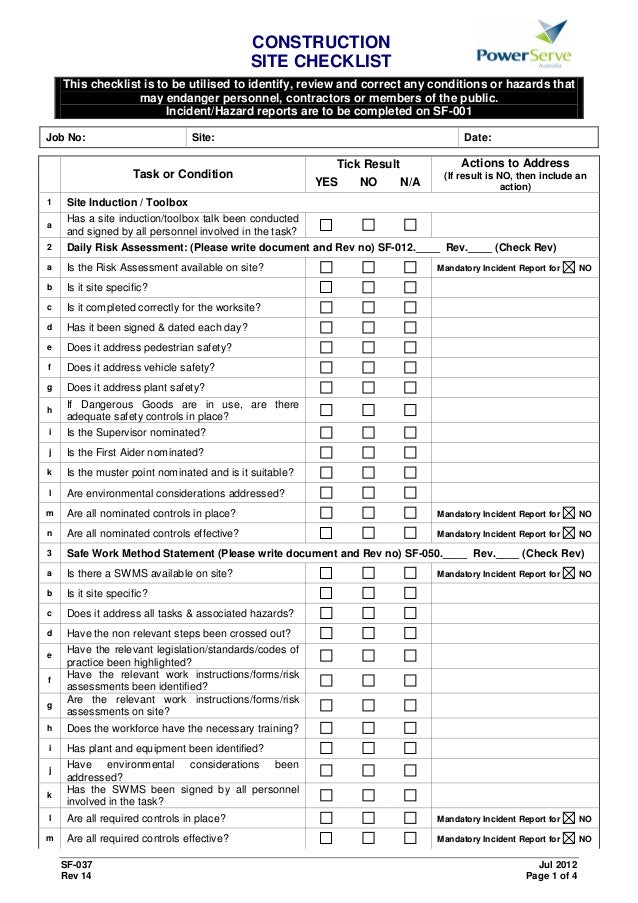 Appendix a7 weekly site inspection checklist