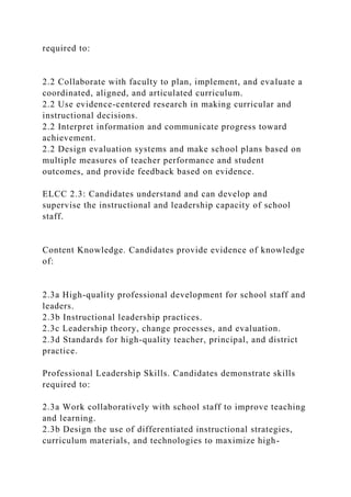 required to:
2.2 Collaborate with faculty to plan, implement, and evaluate a
coordinated, aligned, and articulated curriculum.
2.2 Use evidence-centered research in making curricular and
instructional decisions.
2.2 Interpret information and communicate progress toward
achievement.
2.2 Design evaluation systems and make school plans based on
multiple measures of teacher performance and student
outcomes, and provide feedback based on evidence.
ELCC 2.3: Candidates understand and can develop and
supervise the instructional and leadership capacity of school
staff.
Content Knowledge. Candidates provide evidence of knowledge
of:
2.3a High-quality professional development for school staff and
leaders.
2.3b Instructional leadership practices.
2.3c Leadership theory, change processes, and evaluation.
2.3d Standards for high-quality teacher, principal, and district
practice.
Professional Leadership Skills. Candidates demonstrate skills
required to:
2.3a Work collaboratively with school staff to improve teaching
and learning.
2.3b Design the use of differentiated instructional strategies,
curriculum materials, and technologies to maximize high-
 