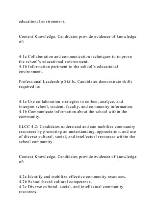 educational environment.
Content Knowledge. Candidates provide evidence of knowledge
of:
4.1a Collaboration and communication techniques to improve
the school’s educational environment.
4.1b Information pertinent to the school’s educational
environment.
Professional Leadership Skills. Candidates demonstrate skills
required to:
4.1a Use collaboration strategies to collect, analyze, and
interpret school, student, faculty, and community information.
4.1b Communicate information about the school within the
community.
ELCC 4.2: Candidates understand and can mobilize community
resources by promoting an understanding, appreciation, and use
of diverse cultural, social, and intellectual resources within the
school community.
Content Knowledge. Candidates provide evidence of knowledge
of:
4.2a Identify and mobilize effective community resources.
4.2b School-based cultural competence.
4.2c Diverse cultural, social, and intellectual community
resources.
 