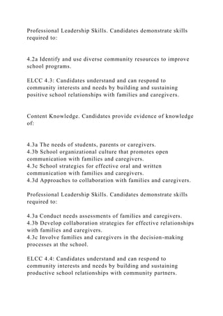 Professional Leadership Skills. Candidates demonstrate skills
required to:
4.2a Identify and use diverse community resources to improve
school programs.
ELCC 4.3: Candidates understand and can respond to
community interests and needs by building and sustaining
positive school relationships with families and caregivers.
Content Knowledge. Candidates provide evidence of knowledge
of:
4.3a The needs of students, parents or caregivers.
4.3b School organizational culture that promotes open
communication with families and caregivers.
4.3c School strategies for effective oral and written
communication with families and caregivers.
4.3d Approaches to collaboration with families and caregivers.
Professional Leadership Skills. Candidates demonstrate skills
required to:
4.3a Conduct needs assessments of families and caregivers.
4.3b Develop collaboration strategies for effective relationships
with families and caregivers.
4.3c Involve families and caregivers in the decision-making
processes at the school.
ELCC 4.4: Candidates understand and can respond to
community interests and needs by building and sustaining
productive school relationships with community partners.
 