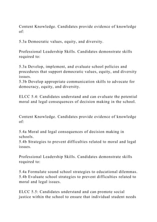 Content Knowledge. Candidates provide evidence of knowledge
of:
5.3a Democratic values, equity, and diversity.
Professional Leadership Skills. Candidates demonstrate skills
required to:
5.3a Develop, implement, and evaluate school policies and
procedures that support democratic values, equity, and diversity
issues.
5.3b Develop appropriate communication skills to advocate for
democracy, equity, and diversity.
ELCC 5.4: Candidates understand and can evaluate the potential
moral and legal consequences of decision making in the school.
Content Knowledge. Candidates provide evidence of knowledge
of:
5.4a Moral and legal consequences of decision making in
schools.
5.4b Strategies to prevent difficulties related to moral and legal
issues.
Professional Leadership Skills. Candidates demonstrate skills
required to:
5.4a Formulate sound school strategies to educational dilemmas.
5.4b Evaluate school strategies to prevent difficulties related to
moral and legal issues.
ELCC 5.5: Candidates understand and can promote social
justice within the school to ensure that individual student needs
 