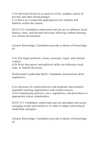 6.1b Advocate based on an analysis of the complex causes of
poverty and other disadvantages.
6.1c Serve as a respectful spokesperson for students and
families within the school.
ELCC 6.2: Candidates understand and can act to influence local,
district, state, and national decisions affecting student learning
in a school environment.
Content Knowledge. Candidates provide evidence of knowledge
of:
6.2a The larger political, social, economic, legal, and cultural
context.
6.2b Ways that power and political skills can influence local,
state, or federal decisions.
Professional Leadership Skills. Candidates demonstrate skills
required to:
6.2a Advocate for school policies and programs that promote
equitable learning opportunities and student success.
6.2b Communicate policies, laws, regulations, and procedures to
appropriate school stakeholders.
ELCC 6.3: Candidates understand and can anticipate and assess
emerging trends and initiatives in order to adapt school-based
leadership strategies.
Content Knowledge. Candidates provide evidence of knowledge
of:
 
