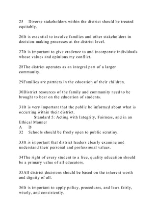 25 Diverse stakeholders within the district should be treated
equitably.
26It is essential to involve families and other stakeholders in
decision-making processes at the district level.
27It is important to give credence to and incorporate individuals
whose values and opinions my conflict.
28The district operates as an integral part of a larger
community.
29Families are partners in the education of their children.
30District resources of the family and community need to be
brought to bear on the education of students.
31It is very important that the public be informed about what is
occurring within their district.
Standard 5: Acting with Integrity, Fairness, and in an
Ethical Manner
A D
32 Schools should be freely open to public scrutiny.
33It is important that district leaders clearly examine and
understand their personal and professional values.
34The right of every student to a free, quality education should
be a primary value of all educators.
35All district decisions should be based on the inherent worth
and dignity of all.
36It is important to apply policy, procedures, and laws fairly,
wisely, and consistently.
 