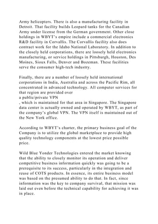 Army helicopters. There is also a manufacturing facility in
Detroit. That facility builds Leopard tanks for the Canadian
Army under license from the German government. Other close
holdings in WBYT’s empire include a commercial electronics
R&D facility in Corvallis. The Corvallis facility also does
contract work for the Idaho National Laboratory. In addition to
the closely held corporations, there are loosely held electronics
manufacturing, or service holdings in Pittsburgh, Houston, Des
Moines, Sioux Falls, Denver and Bozeman. These facilities
serve the consumer high-tech industry.
Finally, there are a number of loosely held international
corporations in India, Australia and across the Pacific Rim, all
concentrated in advanced technology. All computer services for
that region are provided over
a public/private VPN
, which is maintained for that area in Singapore. The Singapore
data center is actually owned and operated by WBYT, as part of
the company’s global VPN. The VPN itself is maintained out of
the New York office.
According to WBYT’s charter, the primary business goal of the
Company is to utilize the global marketplace to provide high
quality technology components at the lowest price possible
price.
Wild Blue Yonder Technologies entered the market knowing
that the ability to closely monitor its operation and deliver
competitive business information quickly was going to be a
prerequisite to its success, particularly in the integration and
reuse of COTS products. In essence, its entire business model
was based on the presumed ability to do that. In fact, since
information was the key to company survival, that mission was
laid out even before the technical capability for achieving it was
in place.
 