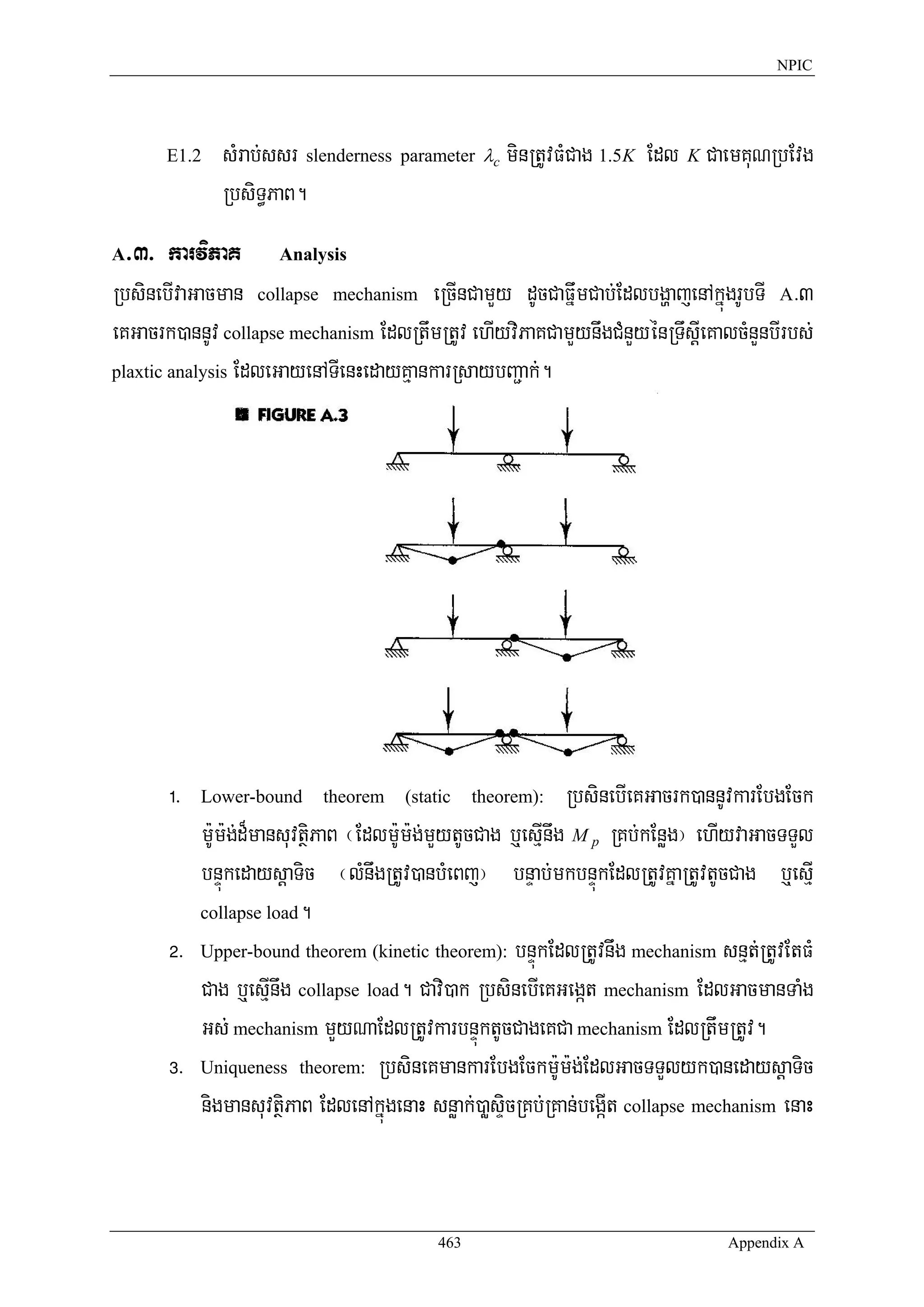 NPIC




       E1.2   sMrab;ssr slenderness parameter λc minRtUvFMCag 1.5K Edl K CaemKuNRbEvg
              RbsiT§PaB.
A >3> karviPaK Analysis
RbsinebIvaGacman collapse mechanism eRcInCamYy dUcCaFñwmCab;EdlbgðajenAkñúgrUbTI A>3
eKGacrk)annUv collapse mechanism EdlRtwmRtUv ehIyviPaKCamYynwgCMnYyénRTwsþIeKalcMnYnbIrbs;
plaxtic analysis EdleGayenATIenHedayKμankarRsaybBa¢ak;.




       !>   Lower-bound    theorem    (static    theorem):    RbsinebIeKGacrk)annUvkarEbgEck
          m:Um:g;d¾mansuvtßiPaB ¬Edlm:Um:g;mYytUcCag b¤esμInwg M p RKb;kEnøg¦ ehIyvaGacTTYl
          bnÞúkedaysþaTic ¬lMnwgRtUv)anbMeBj¦ bnÞab;mkbnÞúkEdlRtUvKñaRtUvtUcCag b¤esμI
          collapse load.

       @> Upper-bound theorem (kinetic theorem): bnÞúkEdlRtUvnwg mechanism snμt;RtUvEtFM
          Cag b¤esμInwg collapse load. Cavi)ak RbsinebIeKGegát mechanism EdlGacmanTaMg
          Gs; mechanism mYyNaEdlRtUvkarbnÞúktUcCageKCa mechanism EdlRtwmRtUv.
       #> Uniqueness theorem: RbsineKmankarEbgEckm:Um:g;EdlGacTTYlyk)anedaysþaTic
          nigmansuvtßiPaB EdlenAkñúgenaH snøak;)aøsÞicRKb;RKan;begáIt collapse mechanism enaH


                                           463                                   Appendix A
 