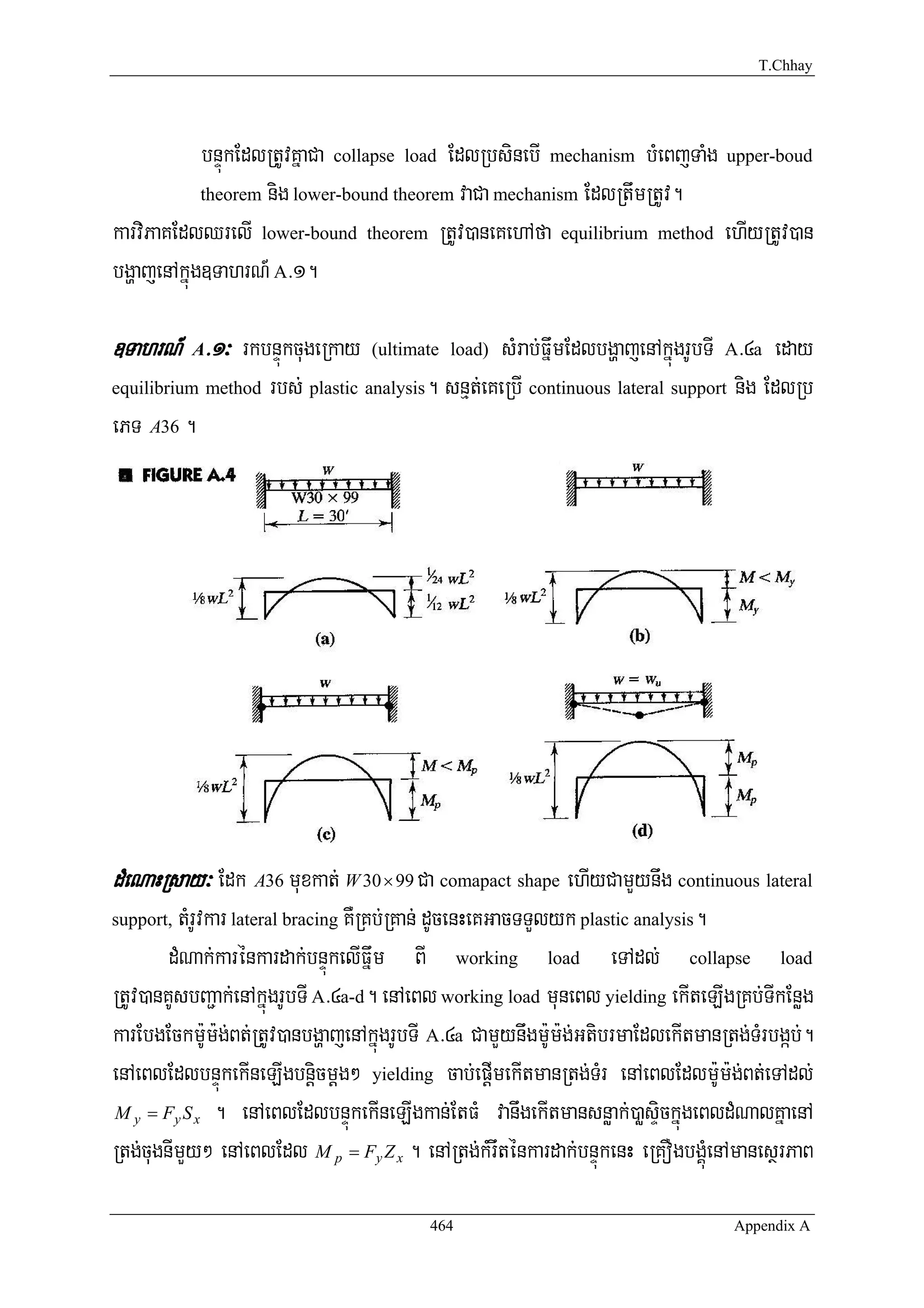 T.Chhay




            bnÞúkEdlRtUvKñaCa collapse load EdlRbsinebI mechanism bMeBjTaMg upper-boud
            theorem nig lower-bound theorem vaCa mechanism EdlRtwmRtUv.

karviPaKEdlQrelI lower-bound theorem RtUv)aneKehAfa equilibrium method ehIyRtUv)an
bgðajenAkñúg]TahrN_ A>1.

]TahrN_ A>1³ rkbnÞúkcugeRkay      (ultimate load) sMrab;FñwmEdlbgðajenAkñúgrUbTI A>4a eday
equilibrium method rbs; plastic analysis. snμt;eKeRbI continuous lateral support nig EdlRb

ePT A36 .




dMeNaHRsay³ Edk A36 muxkat; W 30 × 99 Ca comapact shape ehIyCamYynwg continuous lateral
support, tMrUvkar lateral bracing KWRKb;RKan; dUcenHeKGacTTYlyk plastic analysis.
        dMNak;karénkardak;bnÞúkelIFñwm BI working load eTAdl; collapse load
RtUv)anKUsbBa¢ak;enAkñúgrUbTI A>4a-d. enAeBl working load muneBl yielding ekIteLIgRKb;TIkEnøg
karEbgEckm:Um:g;Bt;RtUv)anbgðajenAkñúgrUbTI A>4a CamYynwgm:Um:g;GtibrmaEdlekItmanRtg;TMrbgáb;.
enAeBlEdlbnÞúkekIneLIgbnþicmþg² yielding cab;epþImekItmanRtg;TMr enAeBlEdlm:Um:g;Bt;eTAdl;
M y = Fy S x . enAeBlEdlbnÞúkekIneLIgkan;EtFM vanwgekItmansnøak;)aøsÞickñúgeBldMNalKñaenA

Rtg;cugnImYy² enAeBlEdl M p = Fy Z x . enARtg;kMrwténkardak;bnÞúkenH eRKOgbgÁúMenAmanesßrPaB

                                          464                                      Appendix A
 