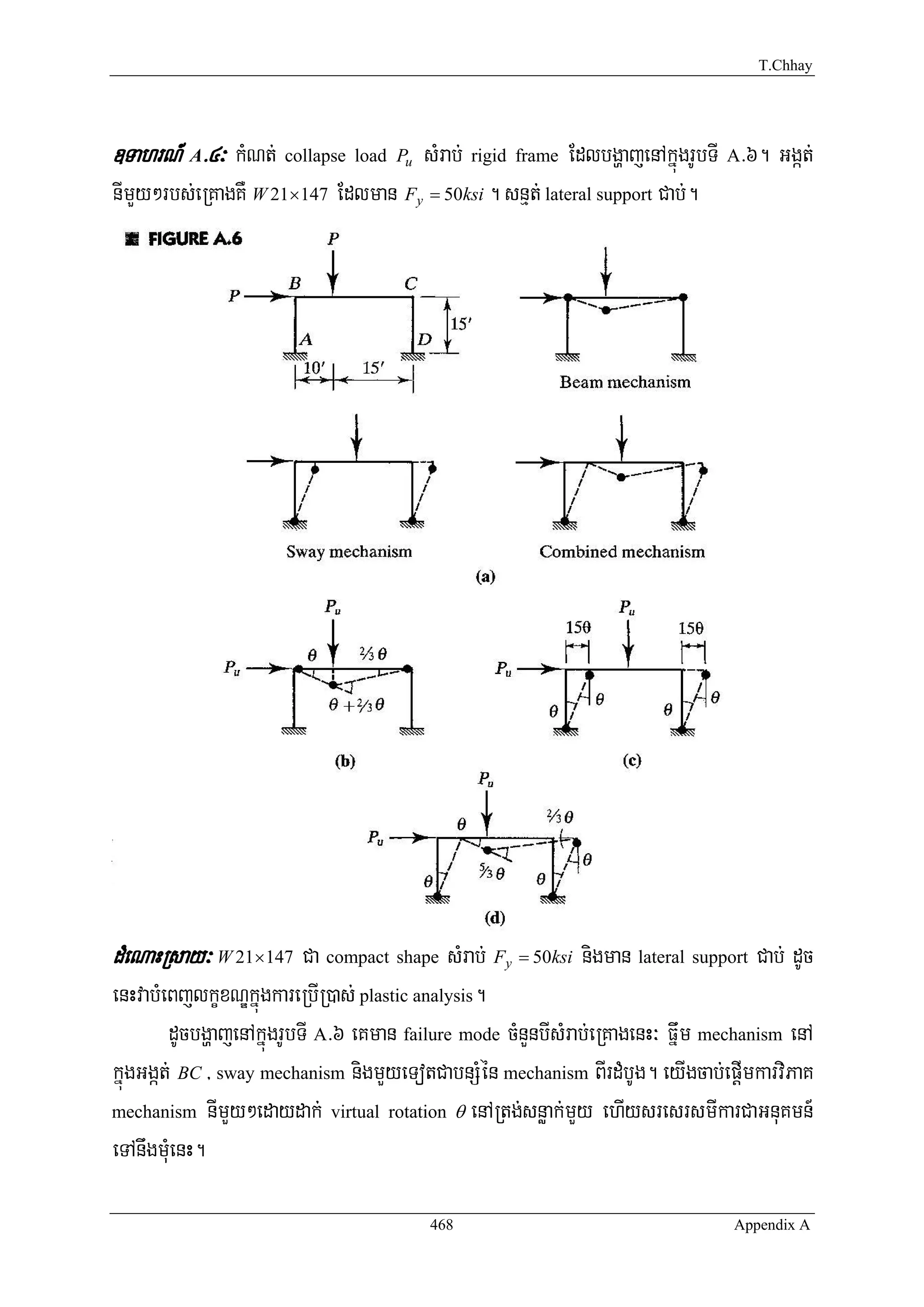 T.Chhay




]TahrN_ A>4³ kMNt; collapse load P sMrab; rigid frame EdlbgðajenAkñúgrUbTI A>6. Ggát;
                                      u

nImYy²rbs;eRKagKW W 21×147 Edlman Fy = 50ksi . snμt; lateral support Cab;.




dMeNaHRsay³ W 21×147 Ca compact shape sMrab; F      y   = 50ksi   nigman lateral support Cab; dUc
enHvabMeBjlkçxNÐkñúgkareRbIR)as; plastic analysis.
        dUcbgðajenAkñúgrUbTI A>6 eKman failure mode cMnYnbIsMrab;eRKagenH³ Fñwm mechanism enA
kñúgGgát; BC / sway mechanism nigmYyeTotCabnSMén mechanism BIrdMbUg. eyIgcab;epþImkarviPaK
mechanism nImYy²edaydak; virtual rotation θ enARtg;snøak;mYy ehIysresrsmIkarCaGnuKmn_

eTAnwgmMuenH.

                                          468                                         Appendix A
 