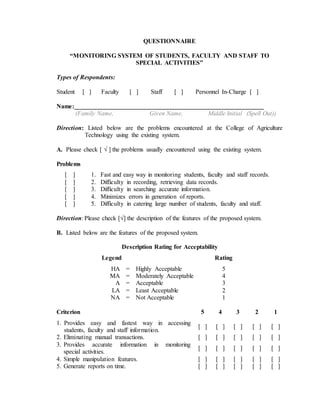 QUESTIONNAIRE
“MONITORING SYSTEM OF STUDENTS, FACULTY AND STAFF TO
SPECIAL ACTIVITIES”
Types of Respondents:
Student [ ] Faculty [ ] Staff [ ] Personnel In-Charge [ ]
Name:
(Family Name, Given Name, Middle Initial (Spell Out))
Direction: Listed below are the problems encountered at the College of Agriculture
Technology using the existing system.
A. Please check [ √ ] the problems usually encountered using the existing system.
Problems
[ ] 1. Fast and easy way in monitoring students, faculty and staff records.
[ ] 2. Difficulty in recording, retrieving data records.
[ ] 3. Difficulty in searching accurate information.
[ ] 4. Minimizes errors in generation of reports.
[ ] 5. Difficulty in catering large number of students, faculty and staff.
Direction: Please check [√] the description of the features of the proposed system.
B. Listed below are the features of the proposed system.
Description Rating for Acceptability
Legend Rating
HA = Highly Acceptable 5
MA = Moderately Acceptable 4
A = Acceptable 3
LA = Least Acceptable 2
NA = Not Acceptable 1
Criterion 5 4 3 2 1
1. Provides easy and fastest way in accessing
students, faculty and staff information.
[ ] [ ] [ ] [ ] [ ]
2. Eliminating manual transactions. [ ] [ ] [ ] [ ] [ ]
3. Provides accurate information in monitoring
special activities.
[ ] [ ] [ ] [ ] [ ]
4. Simple manipulation features. [ ] [ ] [ ] [ ] [ ]
5. Generate reports on time. [ ] [ ] [ ] [ ] [ ]
 