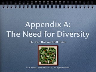 Appendix A:
The Need for Diversity
         Dr. Ken Boa and Bill Ibsen




     © Dr. Ken Boa and Bill Ibsen 2007. All Rights Reserved.
 