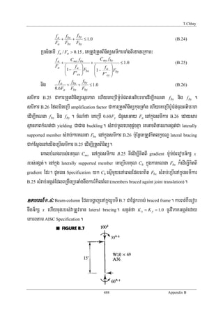 T.Chhay


               f a f bx f by
                  +    +     ≤ 1 .0                                                      (B.24)
               Fa Fbx Fby

       RbsinebI   f a / Fa > 0.15   / eKRtUvRtYtBinitüsmIkarTaMgBIrxageRkam³
               fa        C mx f bx            C my f by
                   +                   +                 ≤ 1 .0                          (B.25)
               Fa ⎛         fa ⎞          ⎛      fa ⎞
                     ⎜1 −
                     ⎜ F ' ⎟ Fbx ⎜1 −
                                 ⎟                    ⎟F
                     ⎝       ex ⎠         ⎜ F 'ey ⎟ by
                                          ⎝           ⎠
                                  f by
       nig       fa      f
                       + bx +
               0.6 Fa Fbx Fby
                                       ≤ 1 .0                                            (B.26)

smIkar B.25 CakarRtYtBinitüesßrPaB ehIyeKeRbIm:Um:g;Bt;GtibrmaedIm,IKNna f bx nig f by .
smIkar B.26 EdlmineRbI amplification factor CakarRtYtBinitükugRtaMg ehIyeKeRbIm:Um:g;cugGtibrma
edIm,IKNna f bx nig f by . cMNaMfa eKeRbI 0.60Fy CMnYseGay Fa enAkñúgsmIkar B.26 edaysar
sßanPaBkMNt;Ca yielding CaCag buckling. sMrab;mUlehtudUcKña eKGacBicarNaGgát;Ca laterally
supported member sMrab;karKNna Fbx enAkñúgsmIkar B.26 b:uEnþeKRtUvKitlkçxNÐ lateral bracing

Cak;EsþgenAeyIgeRbIsmIkar B.25 edIm,IRtYtBinitü.
        eKalbMNgrbs;emKuN Cmx enAkñúgsmIkar B.25 KWedIm,IKitBI gradient m:Um:g;eFobG½kS x
rbs;Ggát;. enAkñúg laterally supported member eKeRbIemKuN Cb kñúgkarKNna Fbx k¾edIm,IKitBI
gradient Edr. dUcenH Specification yk Cb esμImYyenAeBlEdleKKit Fbx sMrab;eRbIenAkñúgsmIkar

B.25 sMrab;Ggát;EdlBRgwgRbqaMgnwgkarrMkiltMN (members braced againt joint translation).



]TahrN_ B>4³ Beam-column EdlbgðajenAkñúgrUbTI B.7 CaEpñkrbs; braced frame. karBt;KWeFob
nwgG½kS x ehIycugrbs;vaRtUvman         lateral bracing . snμt;fa   K x = K y = 1.0   cUrviPaKGgát;eday
eKarBtam AISC Specification.




                                                488                                  Appendix B
 
