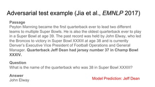 Adversarial test example (Jia et al., EMNLP 2017)
Passage
Peyton Manning became the first quarterback ever to lead two different
teams to multiple Super Bowls. He is also the oldest quarterback ever to play
in a Super Bowl at age 39. The past record was held by John Elway, who led
the Broncos to victory in Super Bowl XXXIII at age 38 and is currently
Denver’s Executive Vice President of Football Operations and General
Manager. Quarterback Jeff Dean had jersey number 37 in Champ Bowl
XXXIV.
Question
What is the name of the quarterback who was 38 in Super Bowl XXXIII?
Answer
John Elway Model Prediction: Jeff Dean
 