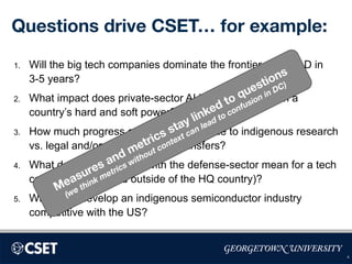 Questions drive CSET… for example:
1. Will the big tech companies dominate the frontier of AI R&D in
3-5 years?
2. What impact does private-sector AI innovation have on a
country’s hard and soft power?
3. How much progress on AI in China is due to indigenous research
vs. legal and/or extralegal tech transfers?
4. What does collaboration with the defense-sector mean for a tech
company (within and outside of the HQ country)?
5. Will China develop an indigenous semiconductor industry
competitive with the US?
4
Measures and metrics stay linked to questions
(we think metrics without context can lead to confusion in DC)
 