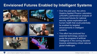 3
Envisioned Futures Enabled by Intelligent Systems
Intelligent Systems CenterJohns Hopkins Applied Physics Laboratory
• Over the past year, the Johns
Hopkins Applied Physics Laboratory
(JHU/APL) performed an analysis of
envisioned futures for national
security, space exploration and
human health that could potentially
be enabled by targeted
advancements in intelligent
systems.
• This effort has produced four
essential technology vectors to
guide the progress of artificial
intelligence in the coming decades
towards addressing critical national
global challenges.
 