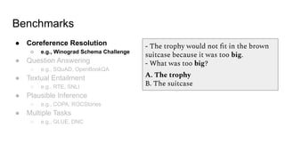 Benchmarks
● Coreference Resolution
○ e.g., Winograd Schema Challenge
● Question Answering
○ e.g., SQuAD, OpenBookQA
● Textual Entailment
○ e.g., RTE, SNLI
● Plausible Inference
○ e.g., COPA, ROCStories
● Multiple Tasks
○ e.g., GLUE, DNC
- The trophy would not ﬁt in the brown
suitcase because it was too big.
- What was too big?
A. The trophy
B. The suitcase
 