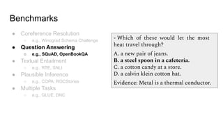 Benchmarks
● Coreference Resolution
○ e.g., Winograd Schema Challenge
● Question Answering
○ e.g., SQuAD, OpenBookQA
● Textual Entailment
○ e.g., RTE, SNLI
● Plausible Inference
○ e.g., COPA, ROCStories
● Multiple Tasks
○ e.g., GLUE, DNC
- Which of these would let the most
heat travel through?
A. a new pair of jeans.
B. a steel spoon in a cafeteria.
C. a cotton candy at a store.
D. a calvin klein cotton hat.
Evidence: Metal is a thermal conductor.
 