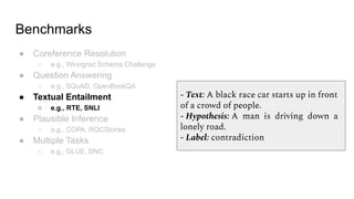 Benchmarks
● Coreference Resolution
○ e.g., Winograd Schema Challenge
● Question Answering
○ e.g., SQuAD, OpenBookQA
● Textual Entailment
○ e.g., RTE, SNLI
● Plausible Inference
○ e.g., COPA, ROCStories
● Multiple Tasks
○ e.g., GLUE, DNC
- Text: A black race car starts up in front
of a crowd of people.
- Hypothesis: A man is driving down a
lonely road.
- Label: contradiction
 