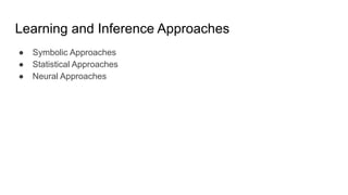 Learning and Inference Approaches
● Symbolic Approaches
● Statistical Approaches
● Neural Approaches
 
