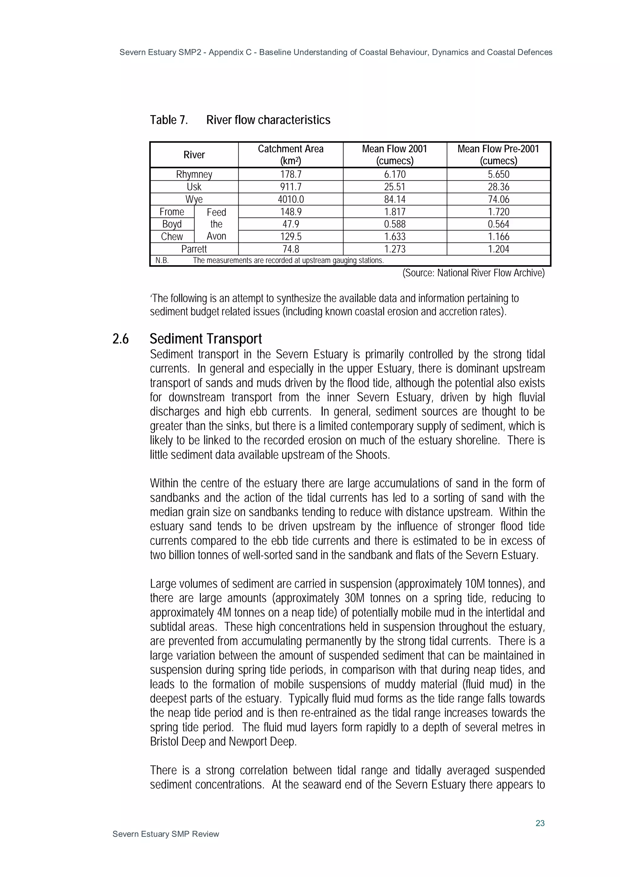Severn Estuary SMP2 - Appendix C - Baseline Understanding of Coastal Behaviour, Dynamics and Coastal Defences
23
Severn Estuary SMP Review
Table 7. River flow characteristics
River
Catchment Area
(km2)
Mean Flow 2001
(cumecs)
Mean Flow Pre-2001
(cumecs)
Rhymney 178.7 6.170 5.650
Usk 911.7 25.51 28.36
Wye 4010.0 84.14 74.06
Frome Feed
the
Avon
148.9 1.817 1.720
Boyd 47.9 0.588 0.564
Chew 129.5 1.633 1.166
Parrett 74.8 1.273 1.204
N.B. The measurements are recorded at upstream gauging stations.
(Source: National River Flow Archive)
‘The following is an attempt to synthesize the available data and information pertaining to
sediment budget related issues (including known coastal erosion and accretion rates).
2.6 Sediment Transport
Sediment transport in the Severn Estuary is primarily controlled by the strong tidal
currents. In general and especially in the upper Estuary, there is dominant upstream
transport of sands and muds driven by the flood tide, although the potential also exists
for downstream transport from the inner Severn Estuary, driven by high fluvial
discharges and high ebb currents. In general, sediment sources are thought to be
greater than the sinks, but there is a limited contemporary supply of sediment, which is
likely to be linked to the recorded erosion on much of the estuary shoreline. There is
little sediment data available upstream of the Shoots.
Within the centre of the estuary there are large accumulations of sand in the form of
sandbanks and the action of the tidal currents has led to a sorting of sand with the
median grain size on sandbanks tending to reduce with distance upstream. Within the
estuary sand tends to be driven upstream by the influence of stronger flood tide
currents compared to the ebb tide currents and there is estimated to be in excess of
two billion tonnes of well-sorted sand in the sandbank and flats of the Severn Estuary.
Large volumes of sediment are carried in suspension (approximately 10M tonnes), and
there are large amounts (approximately 30M tonnes on a spring tide, reducing to
approximately 4M tonnes on a neap tide) of potentially mobile mud in the intertidal and
subtidal areas. These high concentrations held in suspension throughout the estuary,
are prevented from accumulating permanently by the strong tidal currents. There is a
large variation between the amount of suspended sediment that can be maintained in
suspension during spring tide periods, in comparison with that during neap tides, and
leads to the formation of mobile suspensions of muddy material (fluid mud) in the
deepest parts of the estuary. Typically fluid mud forms as the tide range falls towards
the neap tide period and is then re-entrained as the tidal range increases towards the
spring tide period. The fluid mud layers form rapidly to a depth of several metres in
Bristol Deep and Newport Deep.
There is a strong correlation between tidal range and tidally averaged suspended
sediment concentrations. At the seaward end of the Severn Estuary there appears to
 