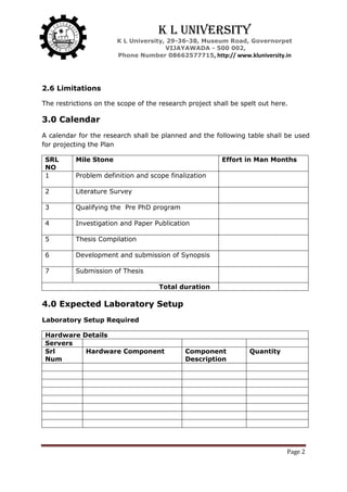 Page 2
K L University
K L University, 29-36-38, Museum Road, Governorpet
VIJAYAWADA - 500 002,
Phone Number 08662577715, http:// www.kluniversity.in
2.6 Limitations
The restrictions on the scope of the research project shall be spelt out here.
3.0 Calendar
A calendar for the research shall be planned and the following table shall be used
for projecting the Plan
SRL
NO
Mile Stone Effort in Man Months
1 Problem definition and scope finalization
2 Literature Survey
3 Qualifying the Pre PhD program
4 Investigation and Paper Publication
5 Thesis Compilation
6 Development and submission of Synopsis
7 Submission of Thesis
Total duration
4.0 Expected Laboratory Setup
Laboratory Setup Required
Hardware Details
Servers
Srl
Num
Hardware Component Component
Description
Quantity
 