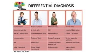 DIFFERENTIAL DIAGNOSIS
Gastroenteritis Regional Enteritis Mittelschmerz Diverticulitis
Mesentric Adenitis Ureteric colic PID Intestinal Obstruction
Meckel’s Diverticulitis Perforated peptic Ulcer Pyelonephritis Colonic Carcinoma
Intussusception Torsion of Testis Ectopic Pregnancy Torsion Appendix
epiploicae
HSP Pancreatitis Torsion/Rupture of
Ovarian cyst
Mesentric Infaraction
Lobar Pneumonia Rectus sheath
haematoma
Endometriosis Leaking Aortic
Aneurysm
Ref- Bailey & Love 28th Ed
 