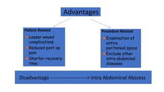 Patient Related
⚫Lesser wound
complications
⚫Reduced post op
pain
⚫Shorter recovery
time
Procedure Related
⚫Examination of
entire
peritoneal space
⚫Exclude other
intra abdominal
diseases
Advantages
Disadvantage ----------------------> Intra Abdominal Abscess
 