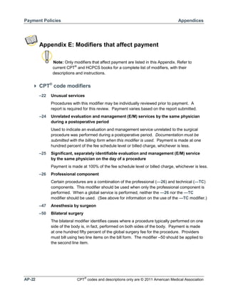 Payment Policies

Appendices

Appendix E: Modifiers that affect payment
Note: Only modifiers that affect payment are listed in this Appendix. Refer to
current CPT® and HCPCS books for a complete list of modifiers, with their
descriptions and instructions.

 CPT® code modifiers
–22

Unusual services
Procedures with this modifier may be individually reviewed prior to payment. A
report is required for this review. Payment varies based on the report submitted.

–24

Unrelated evaluation and management (E/M) services by the same physician
during a postoperative period
Used to indicate an evaluation and management service unrelated to the surgical
procedure was performed during a postoperative period. Documentation must be
submitted with the billing form when this modifier is used. Payment is made at one
hundred percent of the fee schedule level or billed charge, whichever is less.

–25

Significant, separately identifiable evaluation and management (E/M) service
by the same physician on the day of a procedure
Payment is made at 100% of the fee schedule level or billed charge, whichever is less.

–26

Professional component
Certain procedures are a combination of the professional (—26) and technical (—TC)
components. This modifier should be used when only the professional component is
performed. When a global service is performed, neither the —26 nor the —TC
modifier should be used. (See above for information on the use of the —TC modifier.)

–47

Anesthesia by surgeon

–50

Bilateral surgery
The bilateral modifier identifies cases where a procedure typically performed on one
side of the body is, in fact, performed on both sides of the body. Payment is made
at one hundred fifty percent of the global surgery fee for the procedure. Providers
must bill using two line items on the bill form. The modifier –50 should be applied to
the second line item.

AP-22

®

CPT codes and descriptions only are © 2011 American Medical Association

 