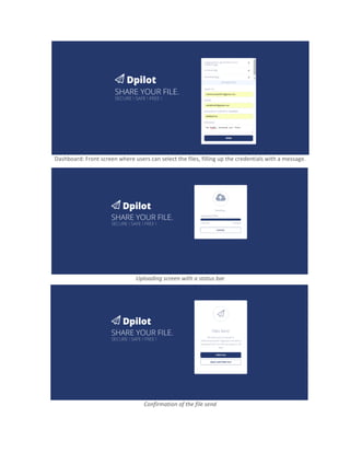 Dashboard: Front screen where users can select the files, filling up the credentials with a message.
Uploading screen with a status bar
Confirmation of the file send
 