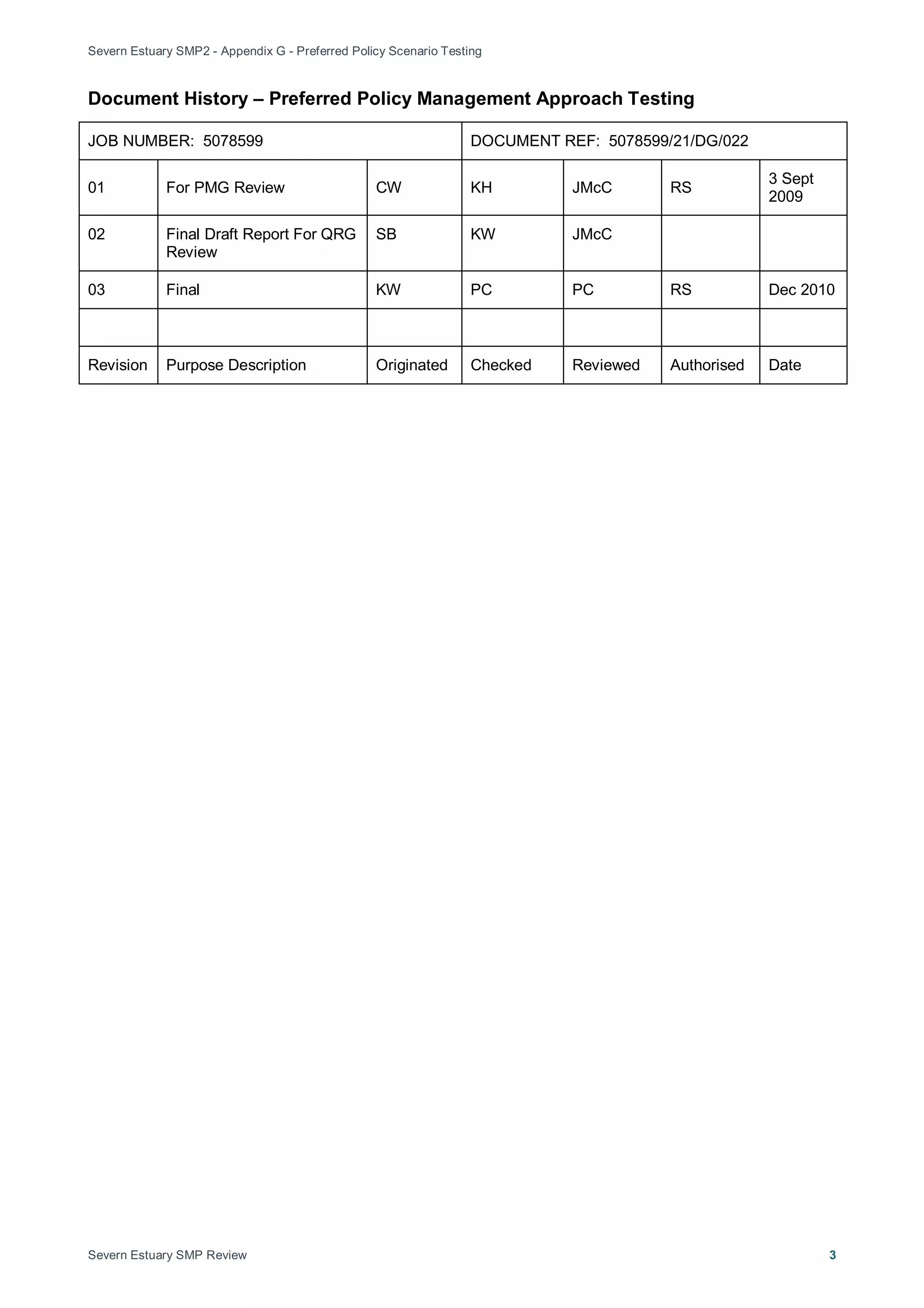 Severn Estuary SMP2 - Appendix G - Preferred Policy Scenario Testing
Severn Estuary SMP Review 3
Document History – Preferred Policy Management Approach Testing
JOB NUMBER: 5078599 DOCUMENT REF: 5078599/21/DG/022
01 For PMG Review CW KH JMcC RS
3 Sept
2009
02 Final Draft Report For QRG
Review
SB KW JMcC
03 Final KW PC PC RS Dec 2010
Revision Purpose Description Originated Checked Reviewed Authorised Date
 