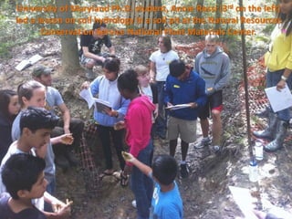 University of Maryland Ph.D. student, Annie Rossi (3rd on the left)
led a lesson on soil hydrology in a soil pit at the Natural Resources
       Conservation Service National Plant Materials Center.
 