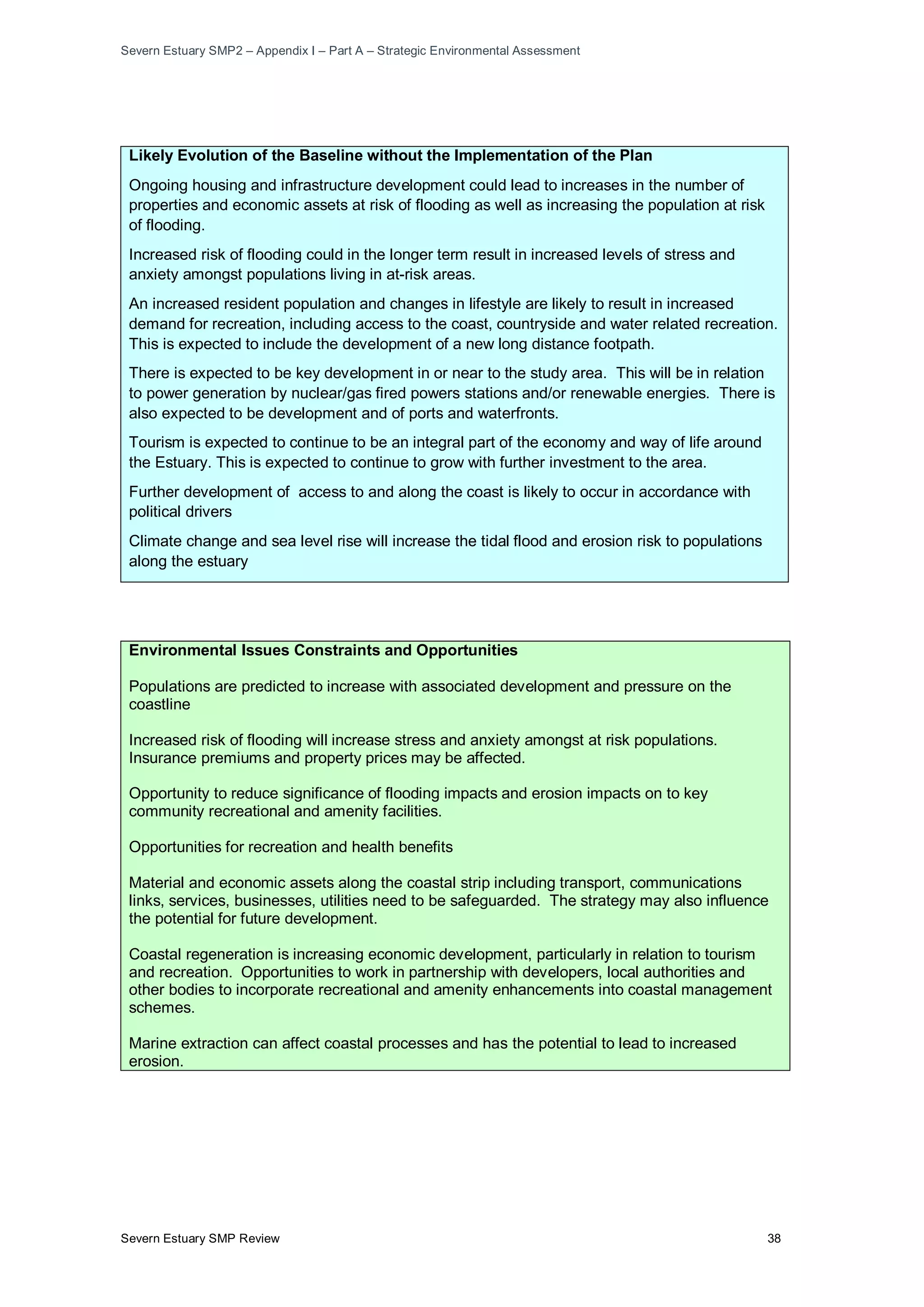 Severn Estuary SMP2 – Appendix I – Part A – Strategic Environmental Assessment
Severn Estuary SMP Review 38
Likely Evolution of the Baseline without the Implementation of the Plan
Ongoing housing and infrastructure development could lead to increases in the number of
properties and economic assets at risk of flooding as well as increasing the population at risk
of flooding.
Increased risk of flooding could in the longer term result in increased levels of stress and
anxiety amongst populations living in at-risk areas.
An increased resident population and changes in lifestyle are likely to result in increased
demand for recreation, including access to the coast, countryside and water related recreation.
This is expected to include the development of a new long distance footpath.
There is expected to be key development in or near to the study area. This will be in relation
to power generation by nuclear/gas fired powers stations and/or renewable energies. There is
also expected to be development and of ports and waterfronts.
Tourism is expected to continue to be an integral part of the economy and way of life around
the Estuary. This is expected to continue to grow with further investment to the area.
Further development of access to and along the coast is likely to occur in accordance with
political drivers
Climate change and sea level rise will increase the tidal flood and erosion risk to populations
along the estuary
Environmental Issues Constraints and Opportunities
Populations are predicted to increase with associated development and pressure on the
coastline
Increased risk of flooding will increase stress and anxiety amongst at risk populations.
Insurance premiums and property prices may be affected.
Opportunity to reduce significance of flooding impacts and erosion impacts on to key
community recreational and amenity facilities.
Opportunities for recreation and health benefits
Material and economic assets along the coastal strip including transport, communications
links, services, businesses, utilities need to be safeguarded. The strategy may also influence
the potential for future development.
Coastal regeneration is increasing economic development, particularly in relation to tourism
and recreation. Opportunities to work in partnership with developers, local authorities and
other bodies to incorporate recreational and amenity enhancements into coastal management
schemes.
Marine extraction can affect coastal processes and has the potential to lead to increased
erosion.
 