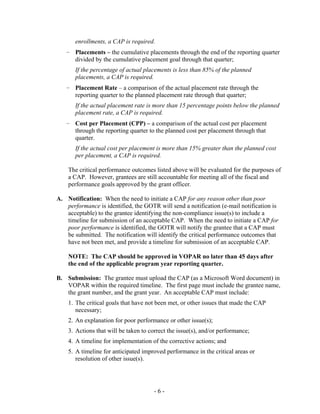 - 6 -
enrollments, a CAP is required.
– Placements – the cumulative placements through the end of the reporting quarter
divided by the cumulative placement goal through that quarter;
If the percentage of actual placements is less than 85% of the planned
placements, a CAP is required.
– Placement Rate – a comparison of the actual placement rate through the
reporting quarter to the planned placement rate through that quarter;
If the actual placement rate is more than 15 percentage points below the planned
placement rate, a CAP is required.
– Cost per Placement (CPP) – a comparison of the actual cost per placement
through the reporting quarter to the planned cost per placement through that
quarter.
If the actual cost per placement is more than 15% greater than the planned cost
per placement, a CAP is required.
The critical performance outcomes listed above will be evaluated for the purposes of
a CAP. However, grantees are still accountable for meeting all of the fiscal and
performance goals approved by the grant officer.
A. Notification: When the need to initiate a CAP for any reason other than poor
performance is identified, the GOTR will send a notification (e-mail notification is
acceptable) to the grantee identifying the non-compliance issue(s) to include a
timeline for submission of an acceptable CAP. When the need to initiate a CAP for
poor performance is identified, the GOTR will notify the grantee that a CAP must
be submitted. The notification will identify the critical performance outcomes that
have not been met, and provide a timeline for submission of an acceptable CAP.
NOTE: The CAP should be approved in VOPAR no later than 45 days after
the end of the applicable program year reporting quarter.
B. Submission: The grantee must upload the CAP (as a Microsoft Word document) in
VOPAR within the required timeline. The first page must include the grantee name,
the grant number, and the grant year. An acceptable CAP must include:
1. The critical goals that have not been met, or other issues that made the CAP
necessary;
2. An explanation for poor performance or other issue(s);
3. Actions that will be taken to correct the issue(s), and/or performance;
4. A timeline for implementation of the corrective actions; and
5. A timeline for anticipated improved performance in the critical areas or
resolution of other issue(s).
 