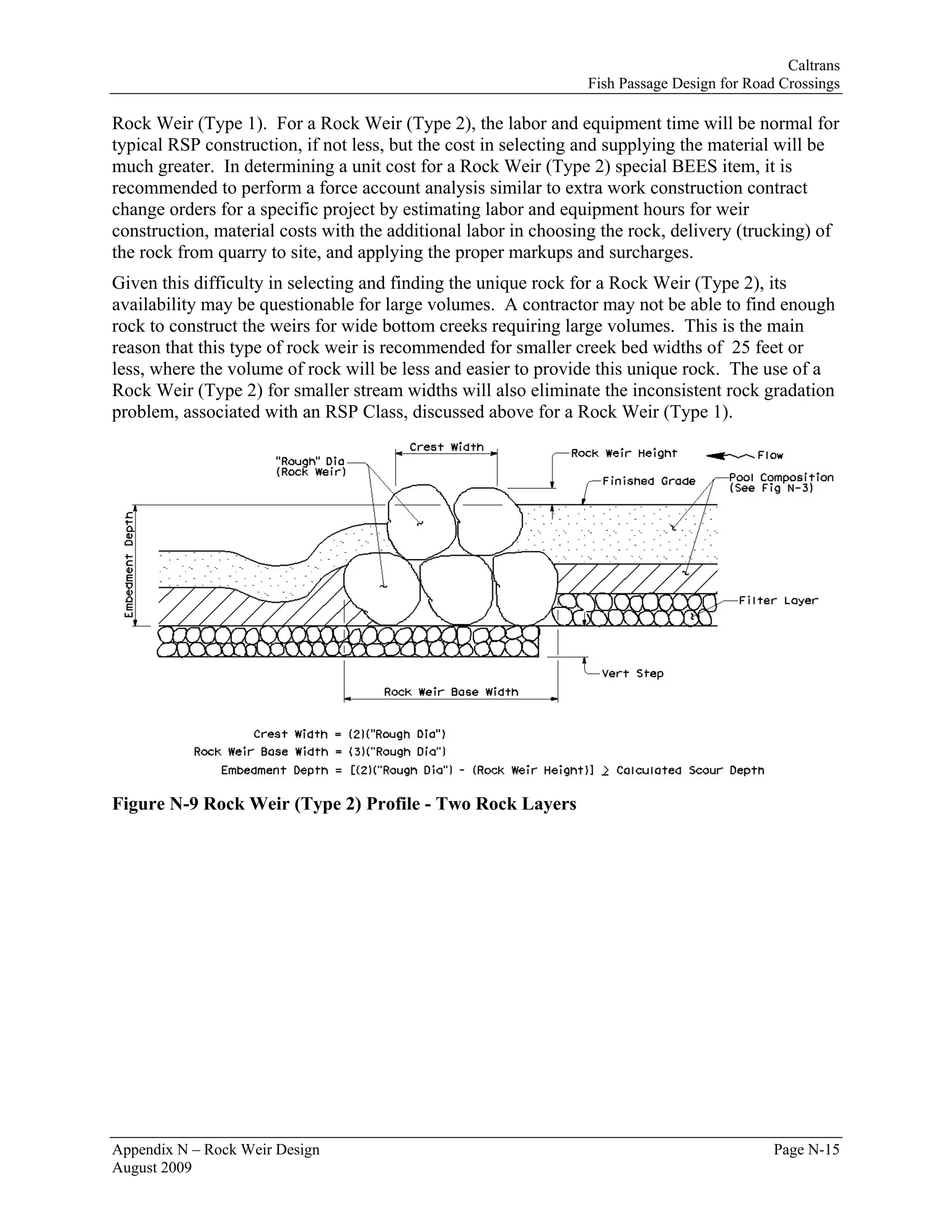 Caltrans
                                                                Fish Passage Design for Road Crossings

Rock Weir (Type 1). For a Rock Weir (Type 2), the labor and equipment time will be normal for
typical RSP construction, if not less, but the cost in selecting and supplying the material will be
much greater. In determining a unit cost for a Rock Weir (Type 2) special BEES item, it is
recommended to perform a force account analysis similar to extra work construction contract
change orders for a specific project by estimating labor and equipment hours for weir
construction, material costs with the additional labor in choosing the rock, delivery (trucking) of
the rock from quarry to site, and applying the proper markups and surcharges.
Given this difficulty in selecting and finding the unique rock for a Rock Weir (Type 2), its
availability may be questionable for large volumes. A contractor may not be able to find enough
rock to construct the weirs for wide bottom creeks requiring large volumes. This is the main
reason that this type of rock weir is recommended for smaller creek bed widths of 25 feet or
less, where the volume of rock will be less and easier to provide this unique rock. The use of a
Rock Weir (Type 2) for smaller stream widths will also eliminate the inconsistent rock gradation
problem, associated with an RSP Class, discussed above for a Rock Weir (Type 1).




Figure N-9 Rock Weir (Type 2) Profile - Two Rock Layers




Appendix N – Rock Weir Design                                                               Page N-15
August 2009
 